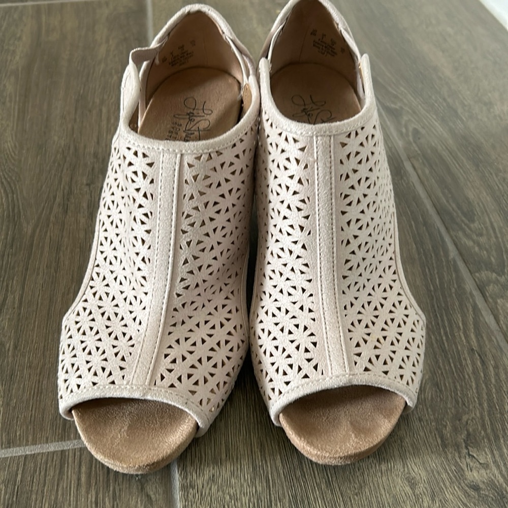 Beige cork wedge heel; worn a few times; size 8; small scuff on back right shoe